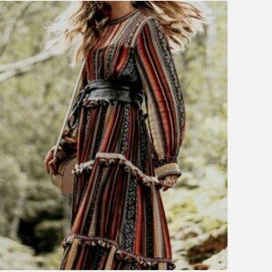 Zara Boho Long Rayé Maxi Dress Pom Poms Boho Chic Embroidered Festival